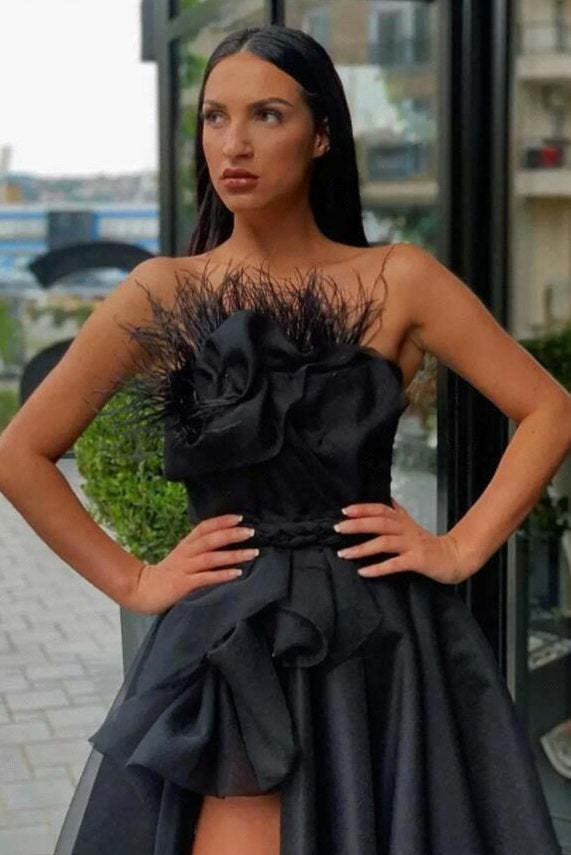Vintage Black Strapless Flower A-Line Floor-length Prom Dresses with Slit