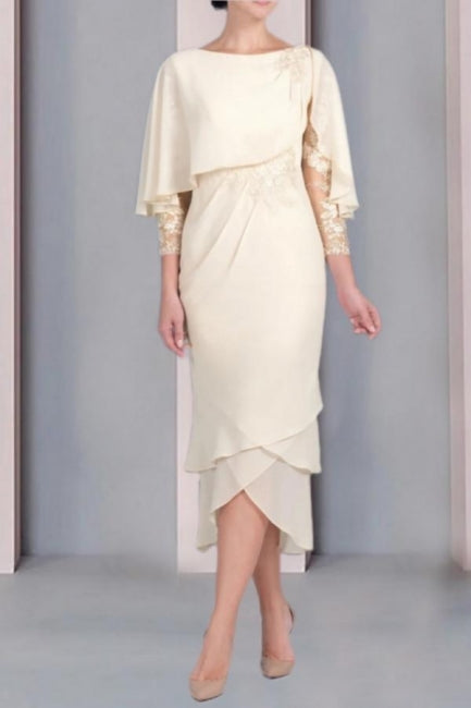 Vintage-Säulenkleid für die Brautmutter, Spitze, U-Ausschnitt, Flügelärmeln, Brautjungfernkleider mit Applikationen