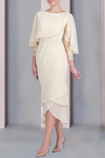 Vintage-Säulenkleid für die Brautmutter, Spitze, U-Ausschnitt, Flügelärmeln, Brautjungfernkleider mit Applikationen