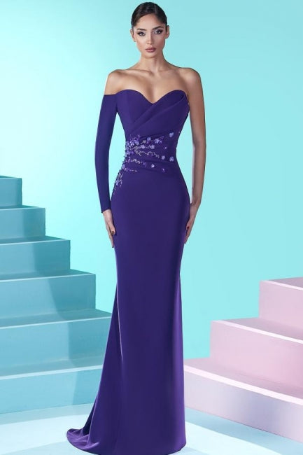 Vestido de fiesta vintage largo morado estilo sirena con mangas largas y cuentas