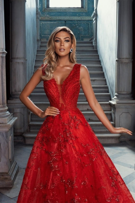 Vintage Red V-Neck Sleeveless A-Line Tulle Prom Dresses with Applique