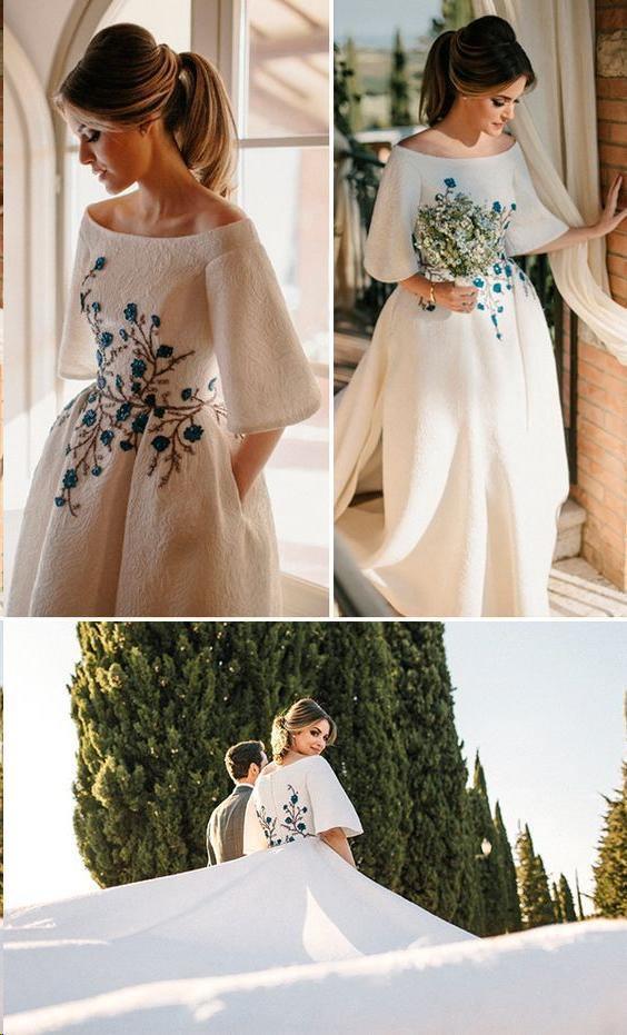 Wedding Dresses Bateau Embroidery Romantic Half Sleeve Bridal Gown WD483