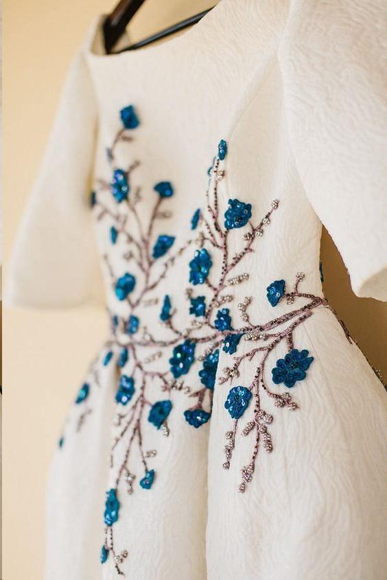 Wedding Dresses Bateau Embroidery Romantic Half Sleeve Bridal Gown WD483