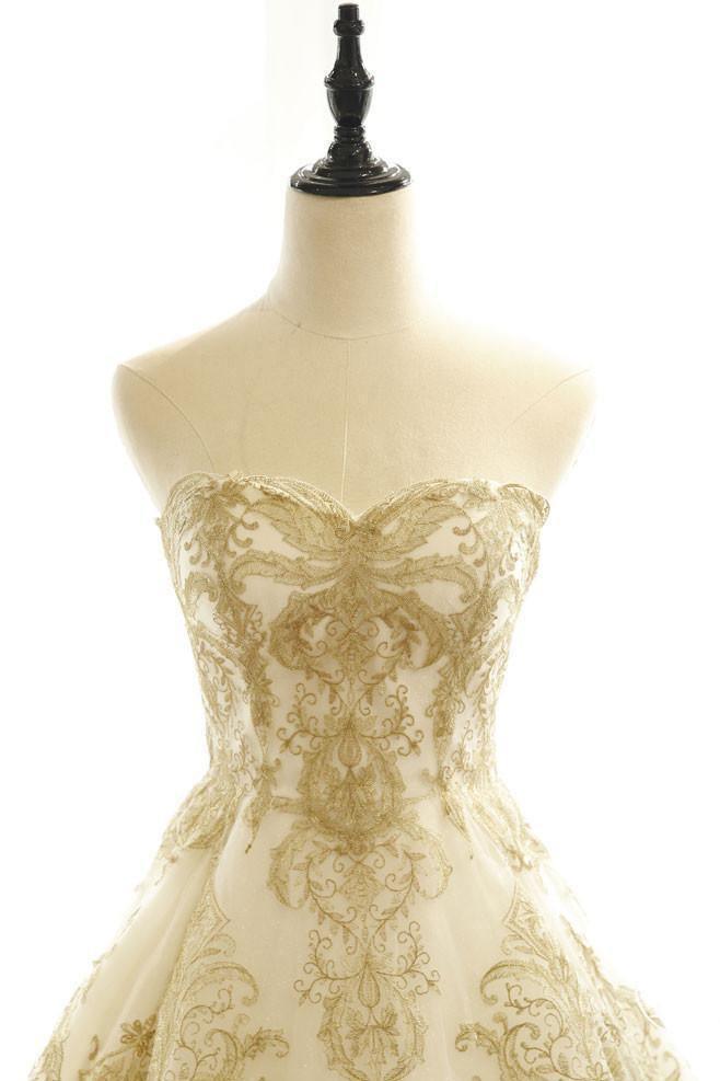 Wedding Dresses Ivory Gold Appliques Sweep/Brush Train Bridal Gown WD430