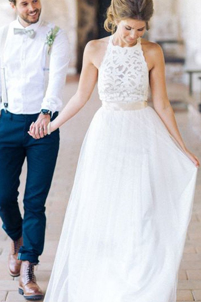 Einfaches weißes Neckholder-Spitzen-Lang-Etuikleid für die Strandhochzeit Brautkleider MW241