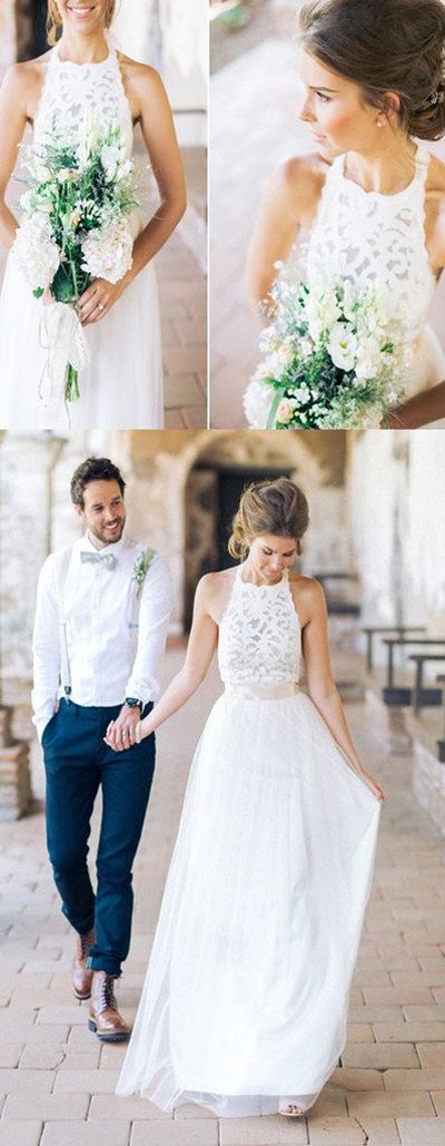 Einfaches weißes Neckholder-Spitzen-Lang-Etuikleid für die Strandhochzeit Brautkleider MW241