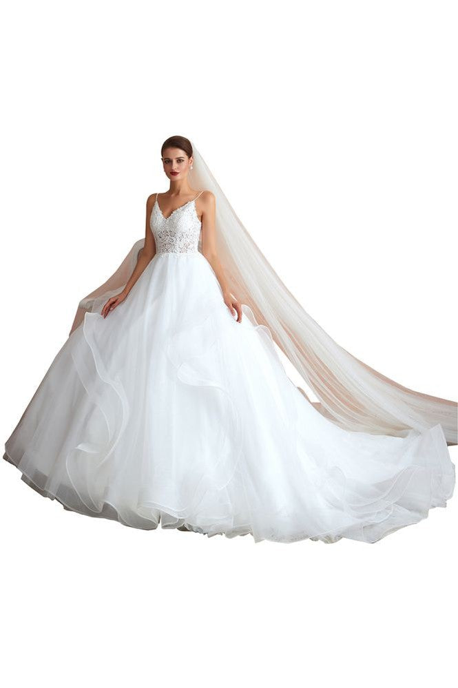 White Ball Gown Wedding Dress with Chapel Train, Spaghetti Strap See-through Lace up Bridal Gowns for Sale