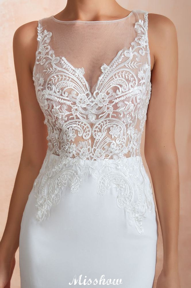 White Illusion Neck Column Wedding Dress Sleeveless Bridal Gowns