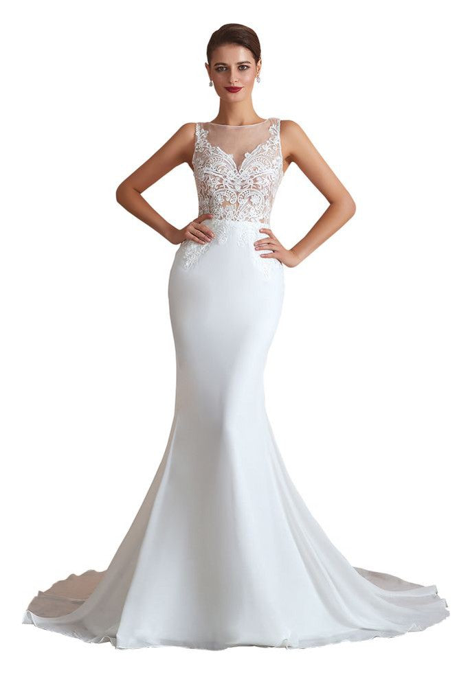 White Illusion Neck Column Wedding Dress Sleeveless Bridal Gowns