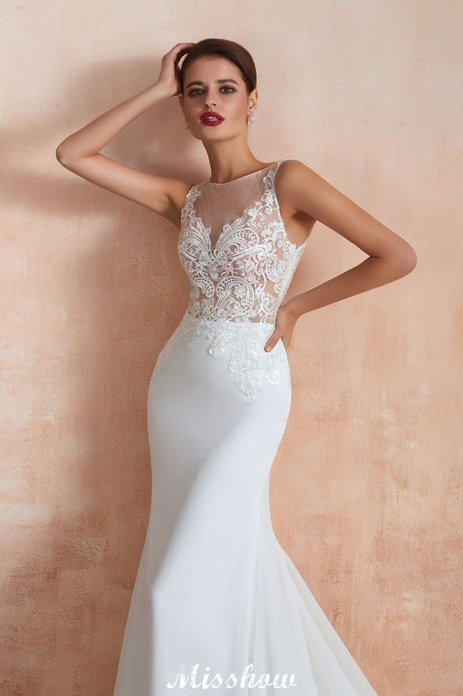 White Illusion Neck Column Wedding Dress Sleeveless Bridal Gowns