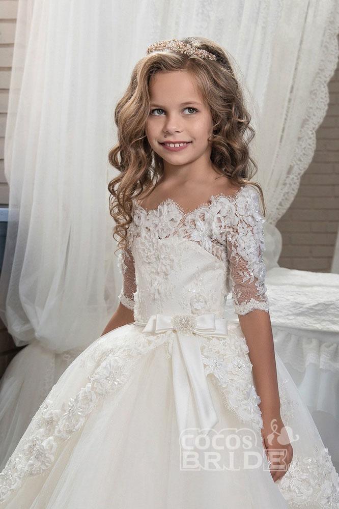 Vestido de fiesta blanco con hombros descubiertos y mangas 1/2 para niñas de flores