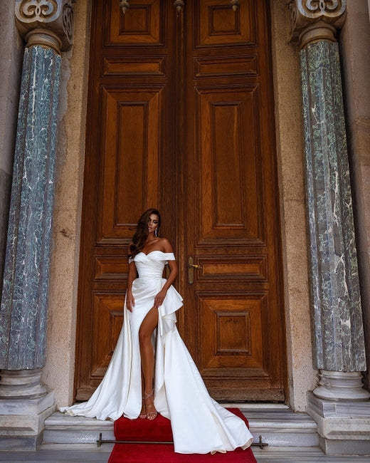 White Simple A-line Off-the-shoulder satin wedding dresses