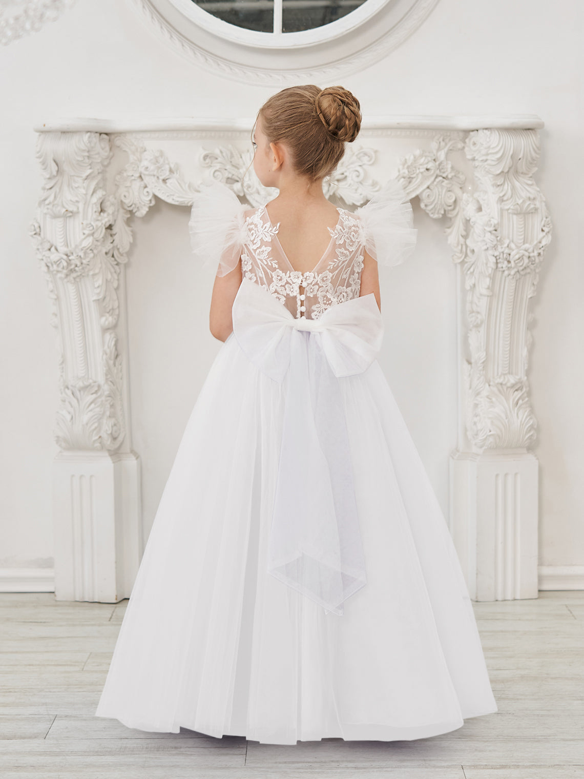 Detachable Lace Tulle Sweep Train Flower Girl Dress