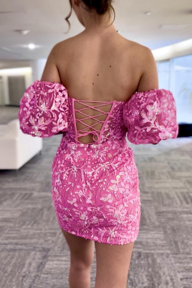 Zahra | Vestido corto sin tirantes de encaje con lentejuelas rosa intenso y mangas desmontables
