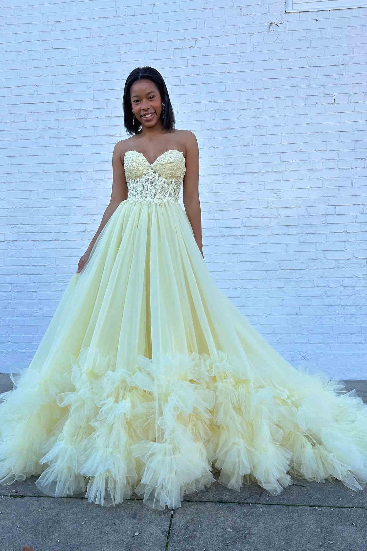 Tulle Appliques Sweetheart Ruffle Long Prom Dress