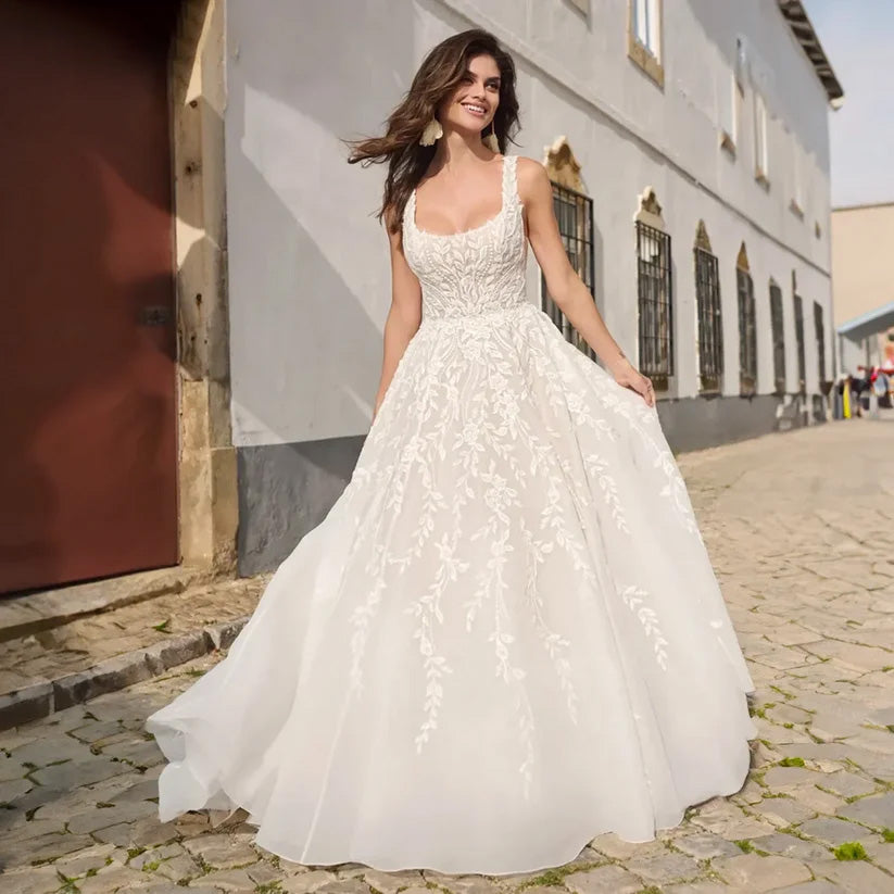 Elegante vestido de novia de escote cuadrado, espalda abierta, sin mangas, corte A, con abalorios, exquisitos vestidos de novia hechos a medida. 