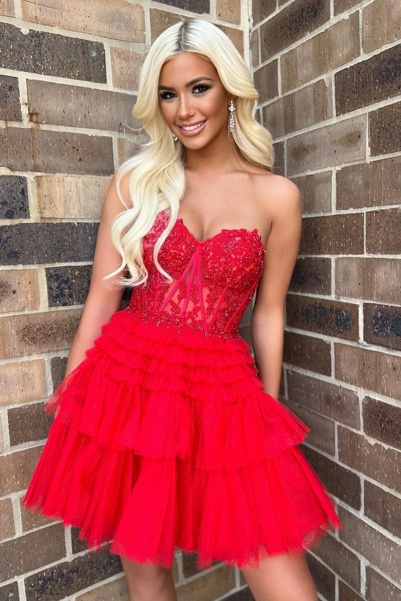 Ivy | Kurzes A-Linien-Heimkehrkleid aus Spitze mit Herzausschnitt