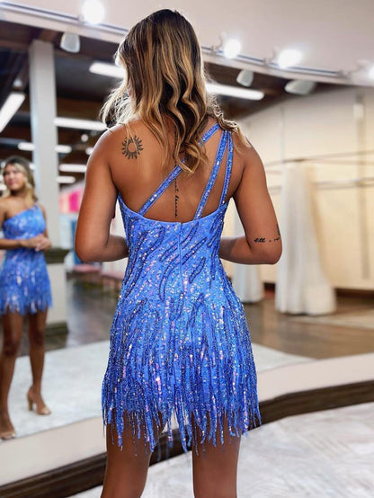 Isenia | Glitzerndes blaues One-Shoulder-Pailletten-Kurzkleid mit Fransen