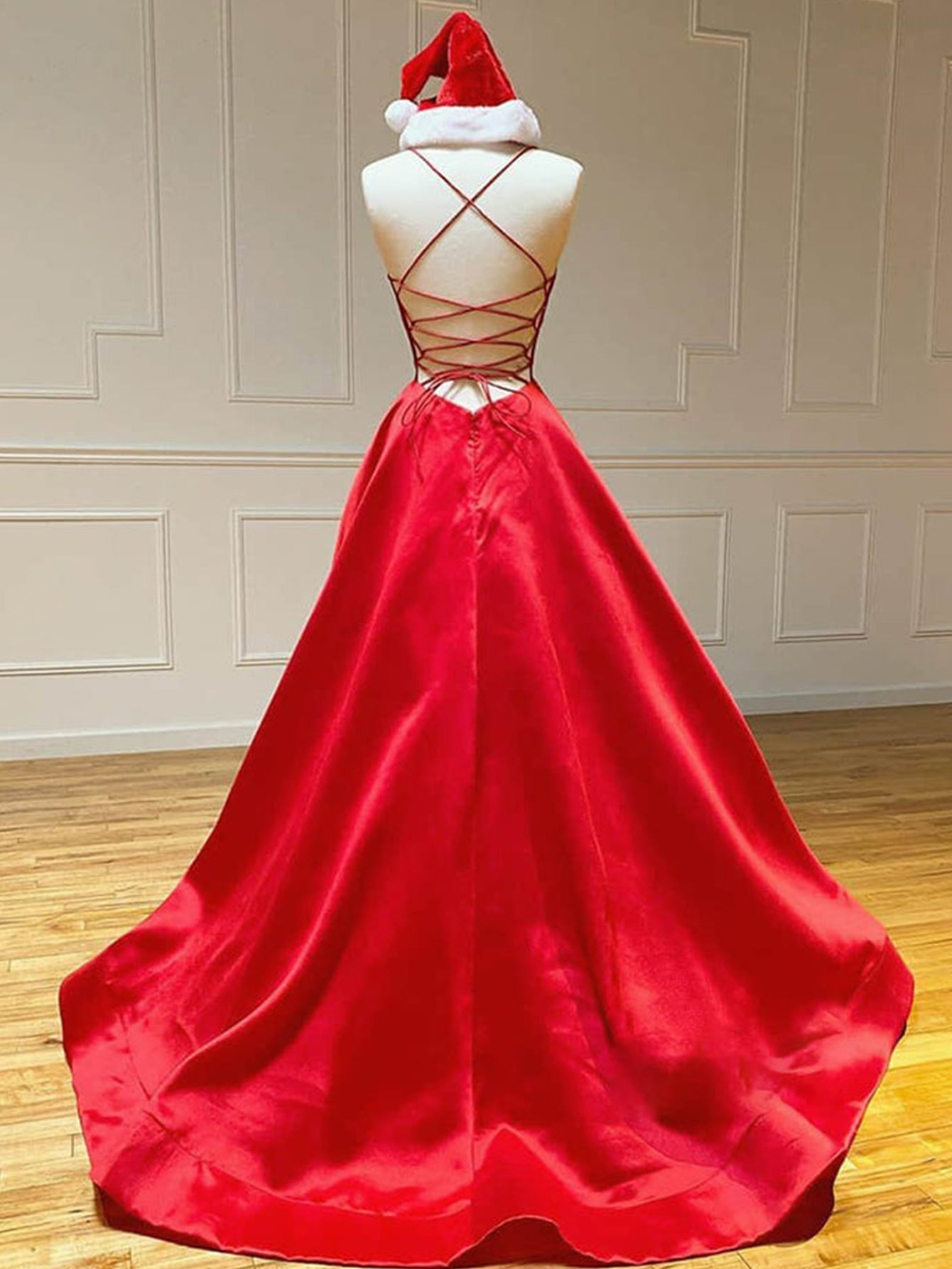 Königsblaues langes Ballkleid aus Satin in A-Linie mit V-Ausschnitt