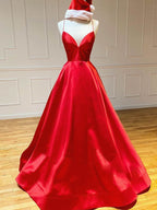 Satin A Line V Neck Long Prom Dress