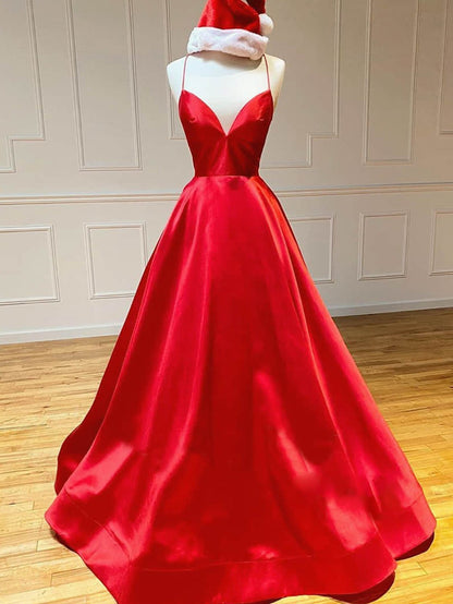 Königsblaues langes Ballkleid aus Satin in A-Linie mit V-Ausschnitt