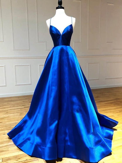 Königsblaues langes Ballkleid aus Satin in A-Linie mit V-Ausschnitt
