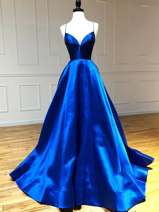 Königsblaues langes Ballkleid aus Satin in A-Linie mit V-Ausschnitt