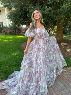 Sydney | Vestido de fiesta largo de tul con escote en forma de corazón y estampado
