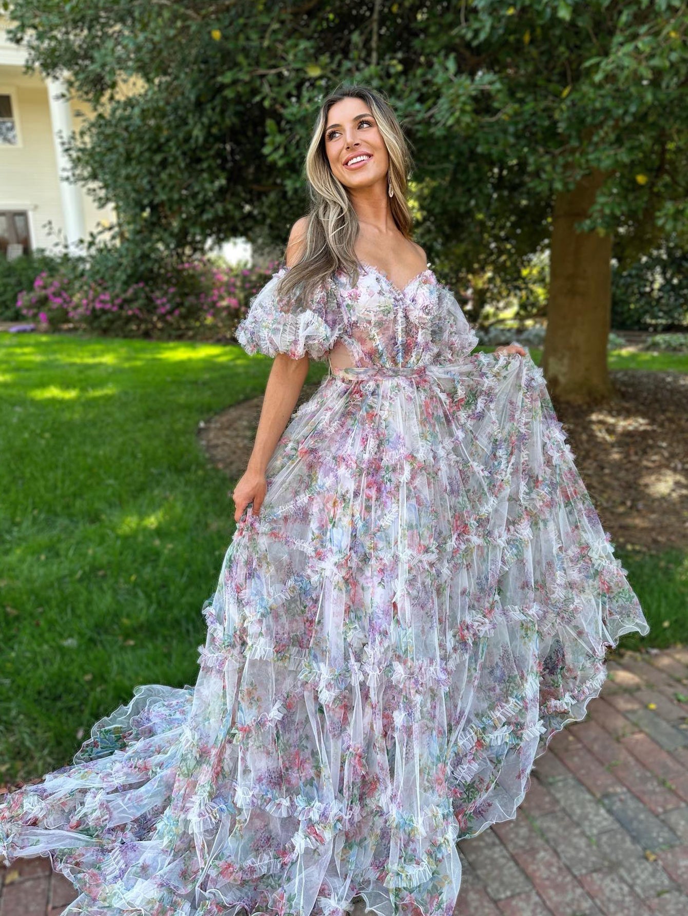 Sydney | Vestido de fiesta largo de tul con escote en forma de corazón y estampado