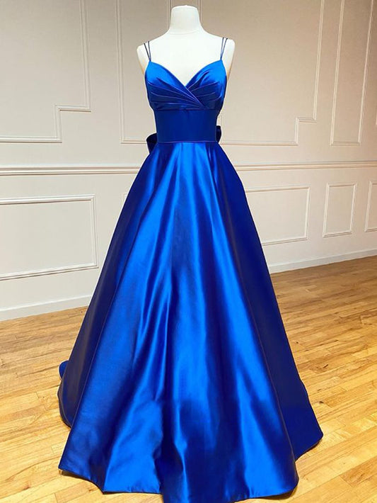 Königsblaues langes Ballkleid aus Satin in A-Linie mit V-Ausschnitt und Fliege