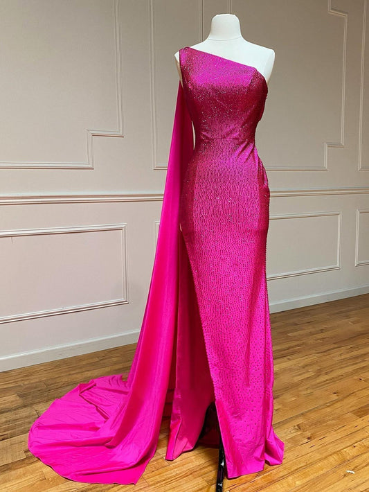 Langes Ballkleid im Meerjungfrau-Stil mit One-Shoulder-Träger und Glitzer in Rosa