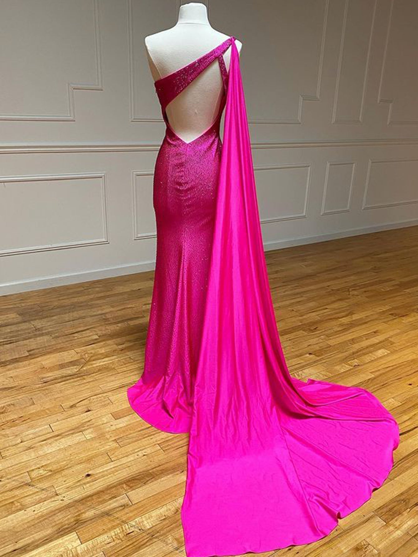 Langes Ballkleid im Meerjungfrau-Stil mit One-Shoulder-Träger und Glitzer in Rosa