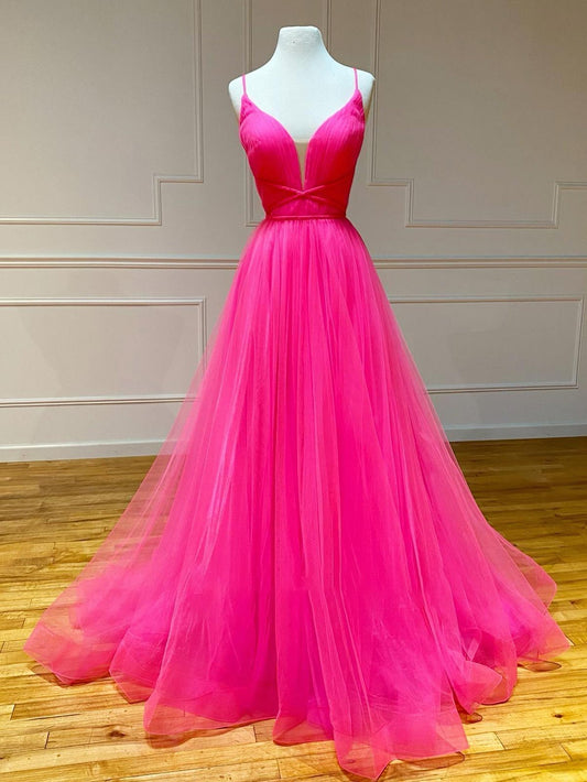 Rosa A-Linie Tüll Langes Ballkleid mit Rüschen
