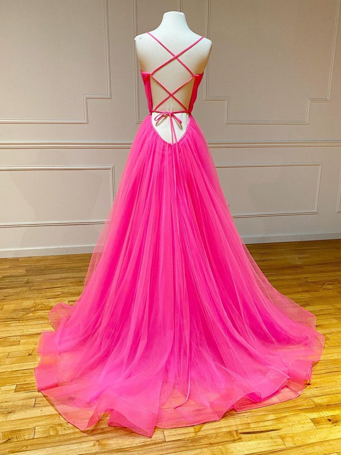 Rosa A-Linie Tüll Langes Ballkleid mit Rüschen