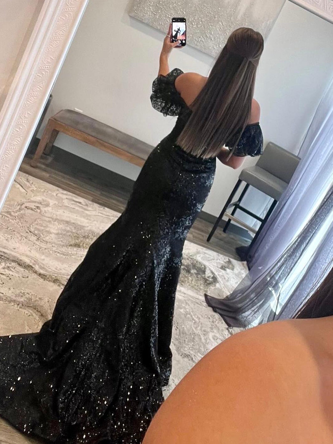 Schwarzes trägerloses langes Meerjungfrau-Ballkleid mit Pailletten