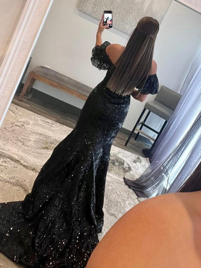 Schwarzes trägerloses langes Meerjungfrau-Ballkleid mit Pailletten