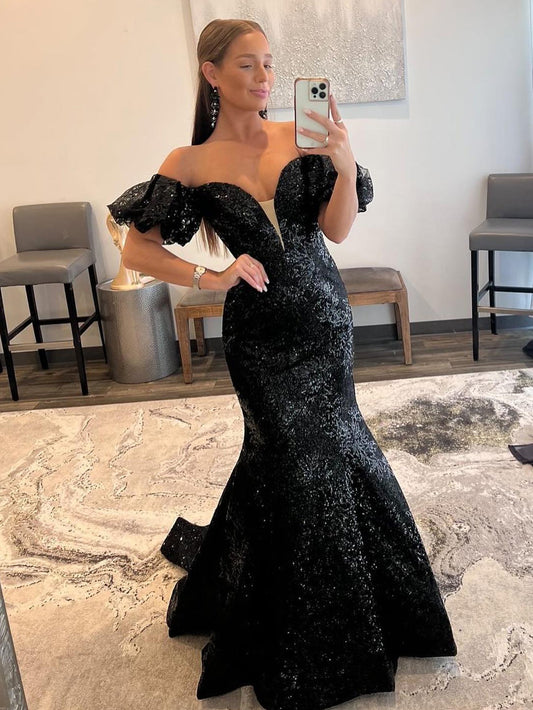 Schwarzes trägerloses langes Meerjungfrau-Ballkleid mit Pailletten