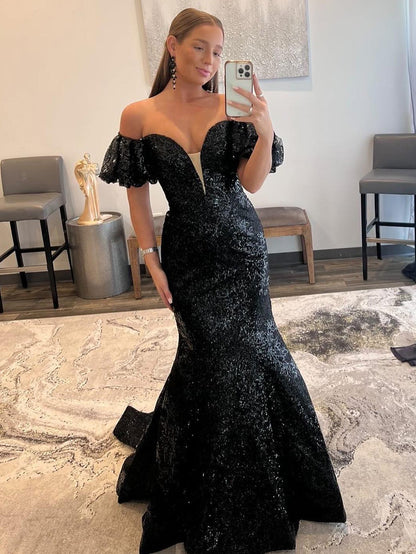 Schwarzes trägerloses langes Meerjungfrau-Ballkleid mit Pailletten