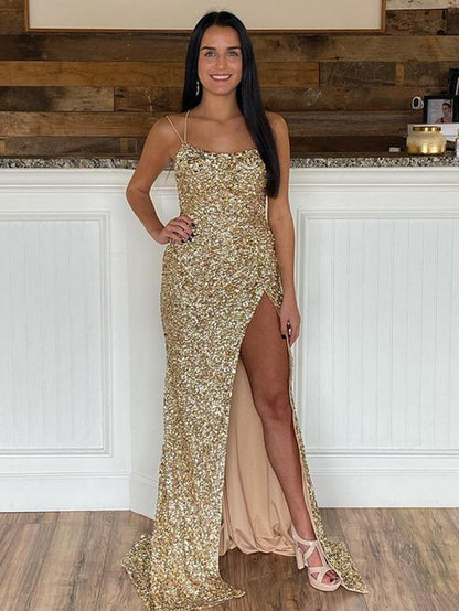 Alayna | Vestido de fiesta largo de lentejuelas con tirantes finos y corte sirena