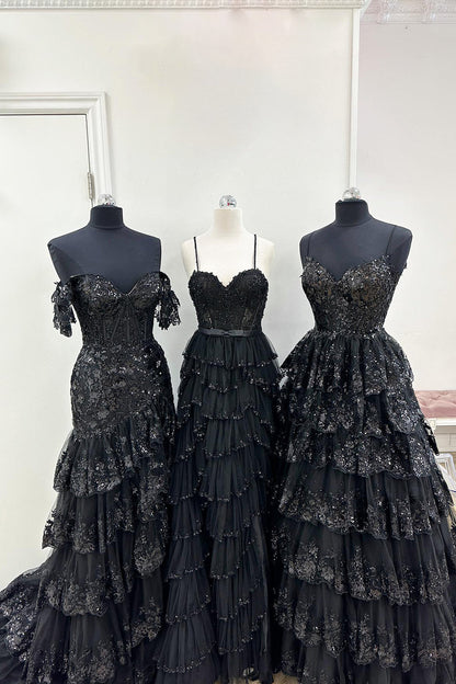 Maryam | Vestido de fiesta de encaje escalonado con tirantes finos y corte A