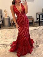 Nina | Vestido de fiesta largo estilo sirena con lentejuelas rosas y escote en V profundo