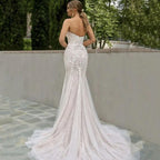 Elegante vestido de novia de sirena con encaje, escote corazón, sin mangas, espalda descubierta, largo hasta el suelo, cola larga, hecho a medida 