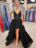Schwarzes, asymmetrisches, langes Ballkleid aus Tüll mit V-Ausschnitt