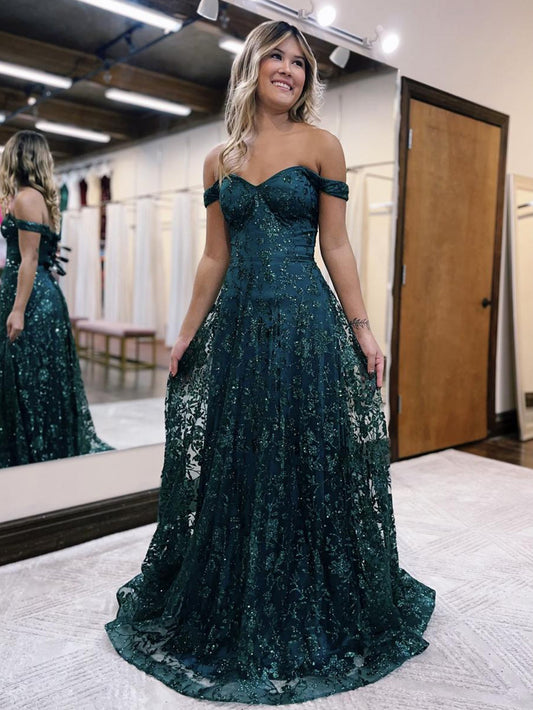 Glitzerndes Meerjungfrau-Abendkleid in Dunkelgrün mit schulterfreiem Schnitt