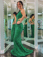 Vestido de fiesta largo verde sirena con escote en V y espalda descubierta