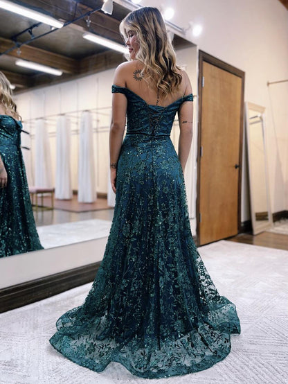 Glitzerndes Meerjungfrau-Abendkleid in Dunkelgrün mit schulterfreiem Schnitt