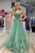 Vestidos de fiesta largos de tul verde sin tirantes, corte A