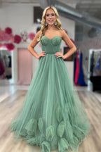 Vestidos de fiesta largos de tul verde sin tirantes, corte A