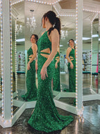 Vestido de fiesta largo verde sirena con escote en V y espalda descubierta