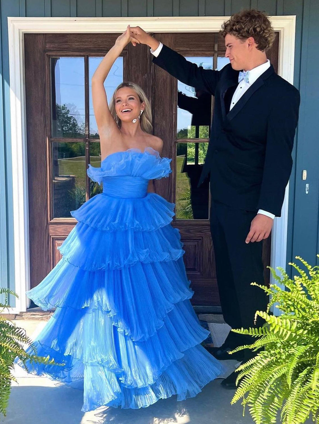 Strapless A-Line Tiered Crinkled Tulle Prom Dress